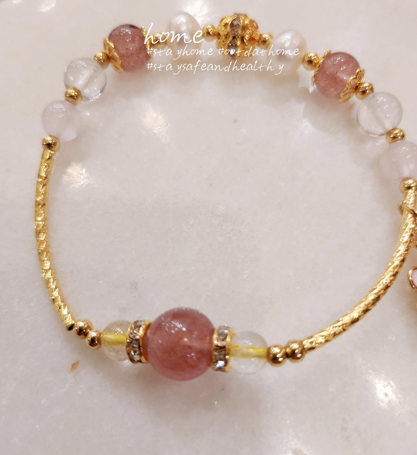 Natural Stone&Pearls Handmade Bracelet #PinkFlower