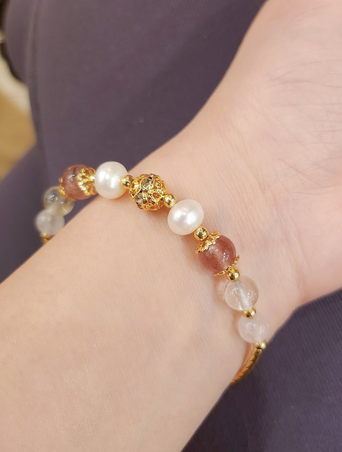 Natural Stone&Pearls Handmade Bracelet #PinkFlower