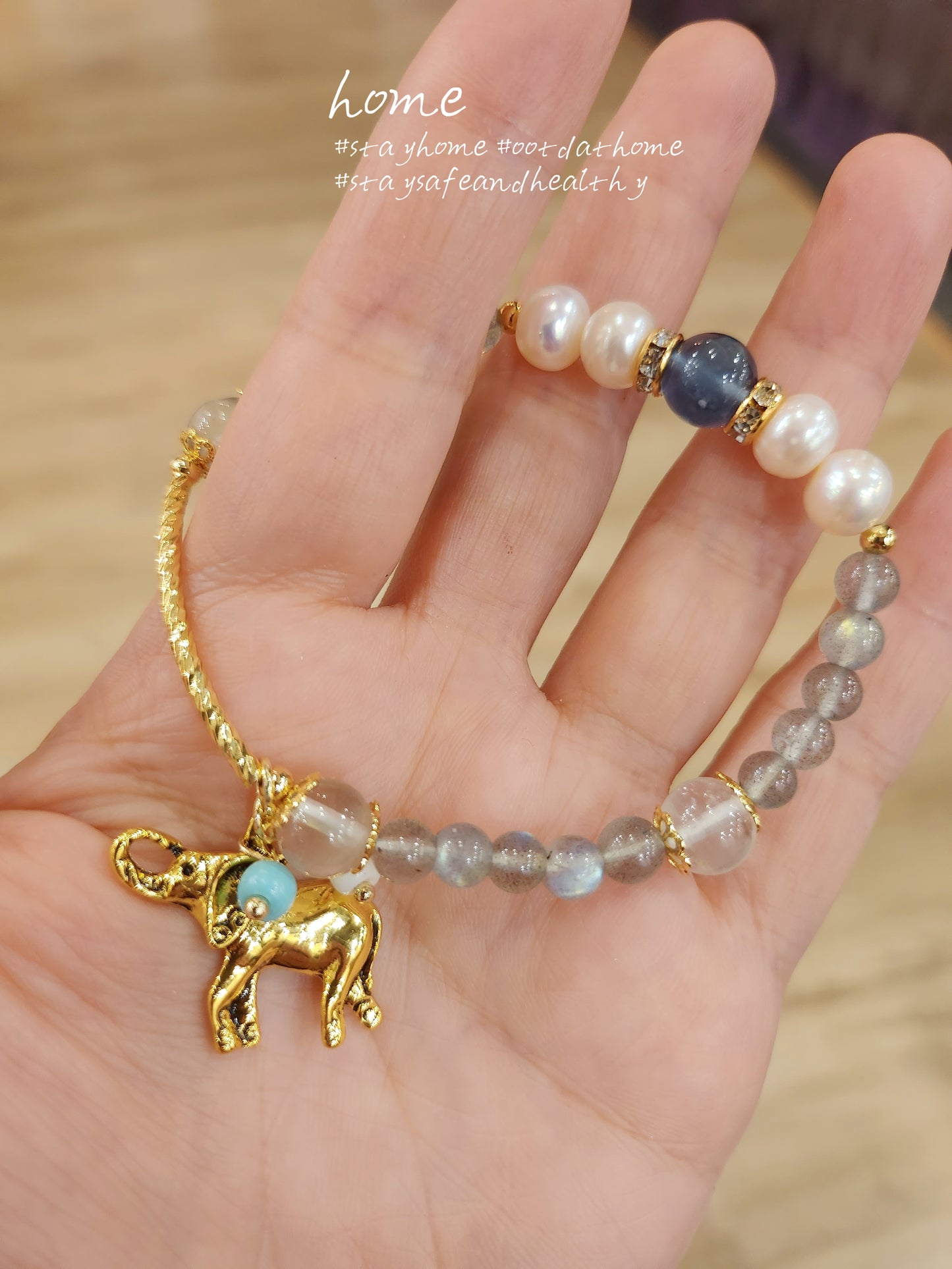 Natural Stone & Freshwater Pearls Handmade Bracelet #Elephant