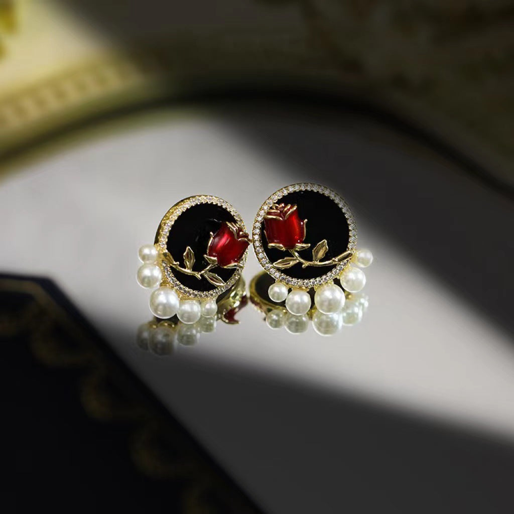 Vintage Black Rose 24K Gold Plated Earring