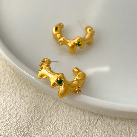 24K Gold Plated Lava Crown&Green Stone Earring