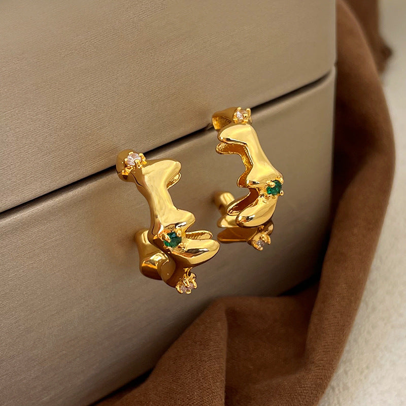 24K Gold Plated Lava Crown&Green Stone Earring