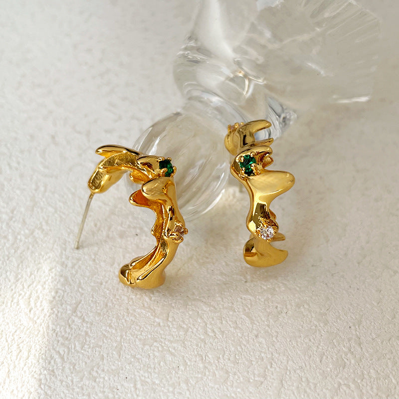 24K Gold Plated Lava Crown&Green Stone Earring