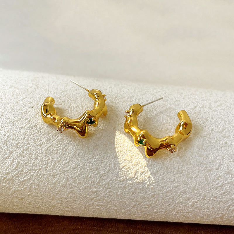 24K Gold Plated Lava Crown&Green Stone Earring