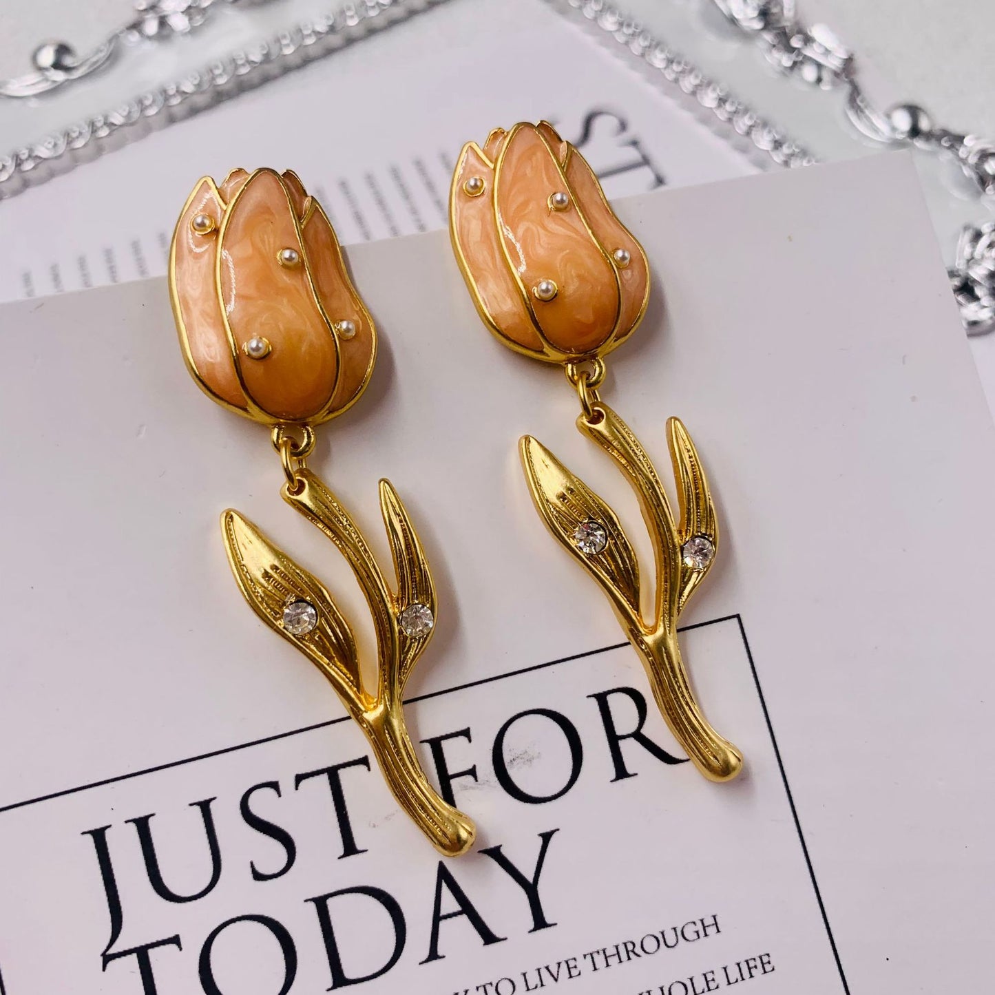 Vintage Enamel Tulip 18K Gold Plated Earring