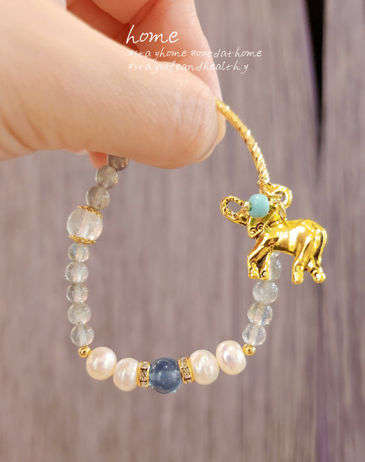 Natural Stone & Freshwater Pearls Handmade Bracelet #Elephant
