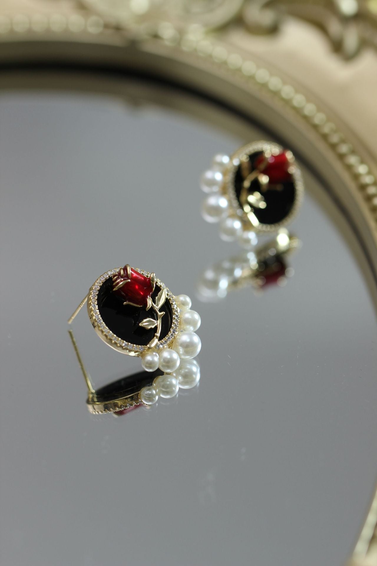 Vintage Black Rose 24K Gold Plated Earring