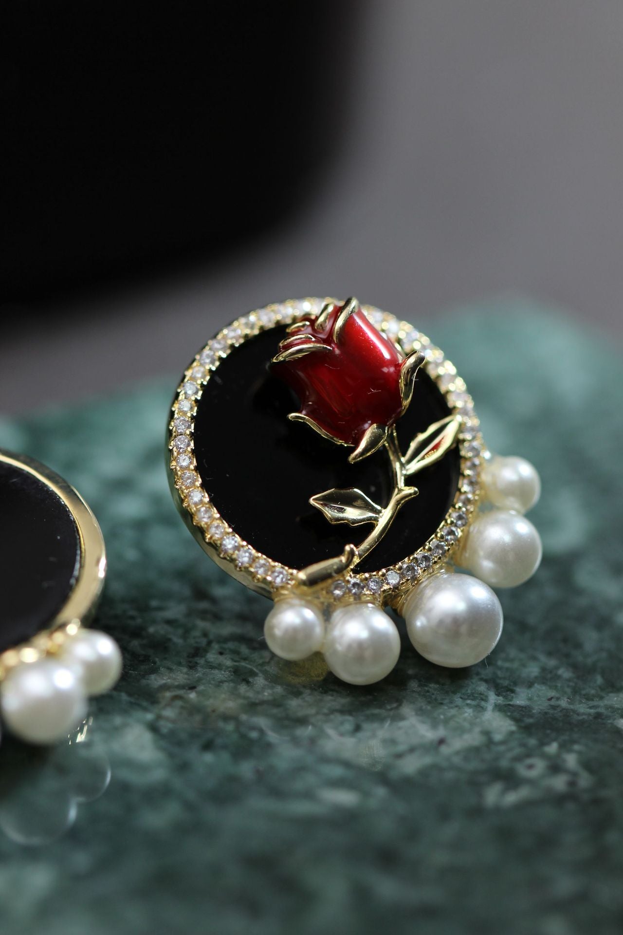 Vintage Black Rose 24K Gold Plated Earring