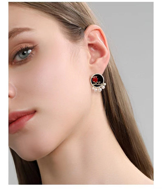 Vintage Black Rose 24K Gold Plated Earring